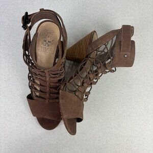 Vince Camuto Evel Caged Gladiator Sandal Stack Heel Brown Nubuck 7.5